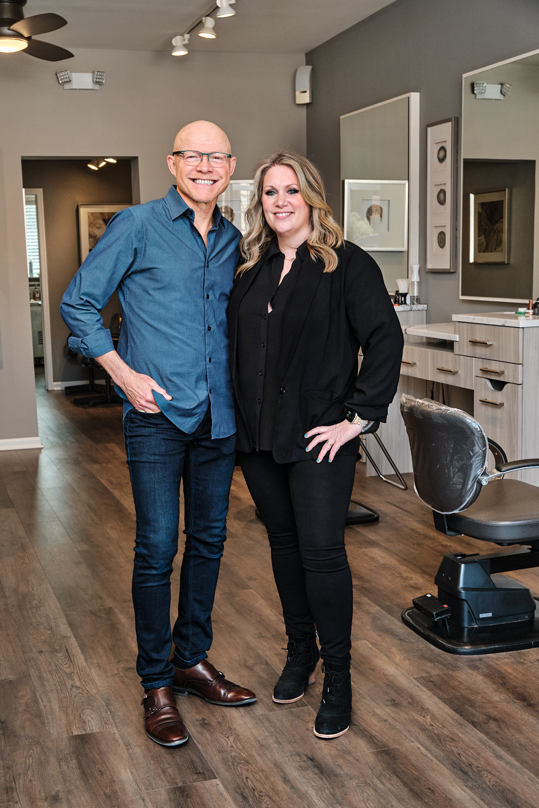 Wesley and Jaclyn standing together inside Wesley James Salon